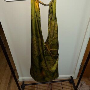 Backless satin green floral dress